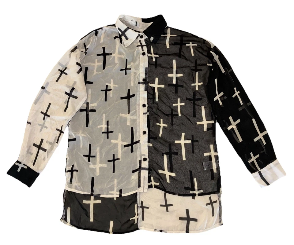 Mona B 衬衫女式 S 黑色/米色拼色十字架高低透明复古 Y2K — 第 2/4 张图片