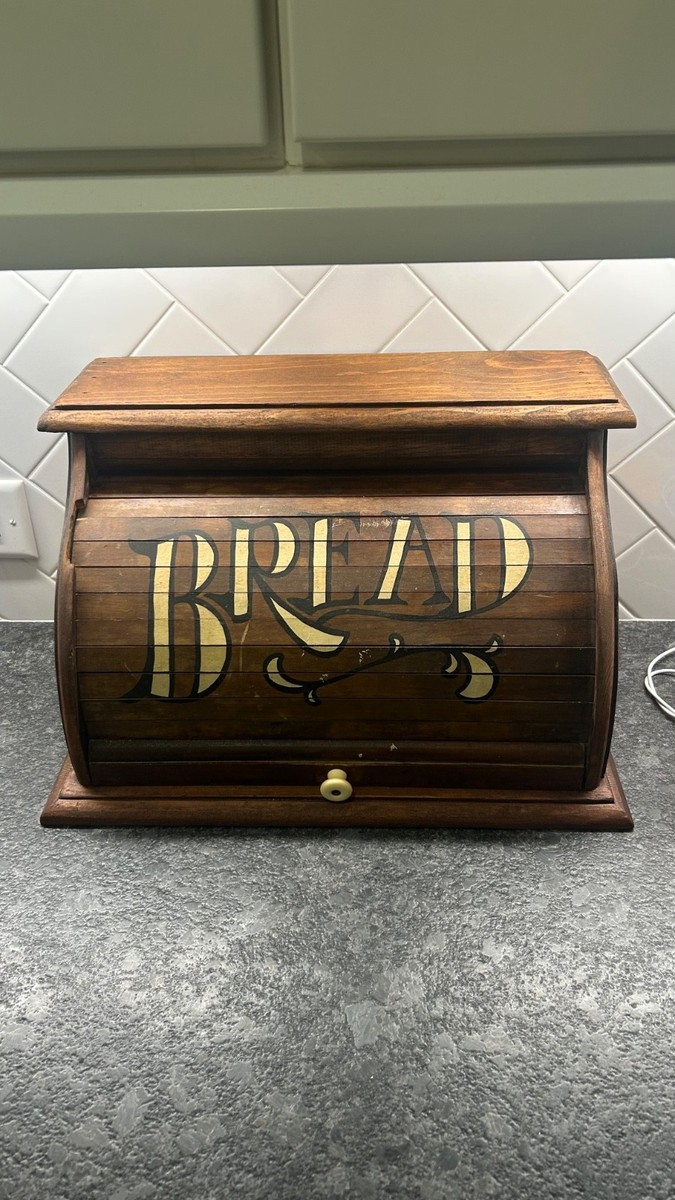 Vintage Antique Dark Wood Wooden Roll Top Bread Box with “BREAD