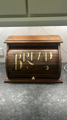 Vintage Antique Dark Wood Wooden Roll Top Bread Box with  BREAD  Lettering