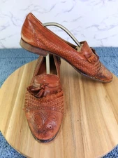 Vintage Johnston & Murphy Woven Leather Tassel Loafers Brown Brogue Slip On 11M