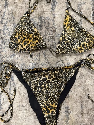 Leopard Print Triangle Bikini Adjustable Straps Size S C 2-Piece Yellow Black