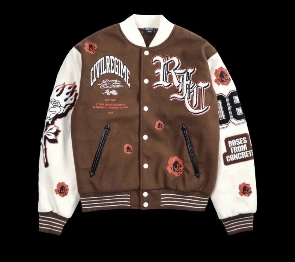 Civil Regime Rose Garden Letterman Jacket In Butter/Reaper Brown Size M