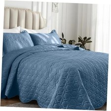 King Size Quilt Set 3 Pieces, King 106" x 90" Bluish Grey Geometric Pattern 