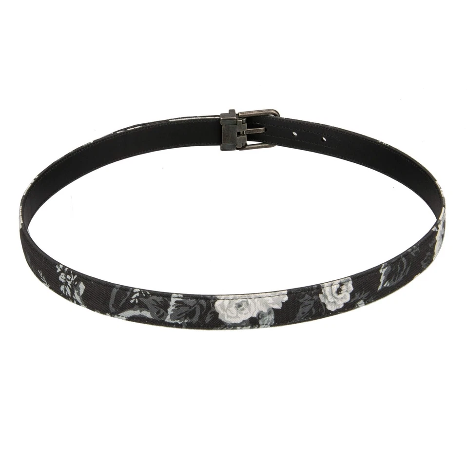DOLCE & GABBANA Flor Algodón Pistola Hebilla Metal Croco Cuero Cinturón Gris Negro Foto 2 de 4