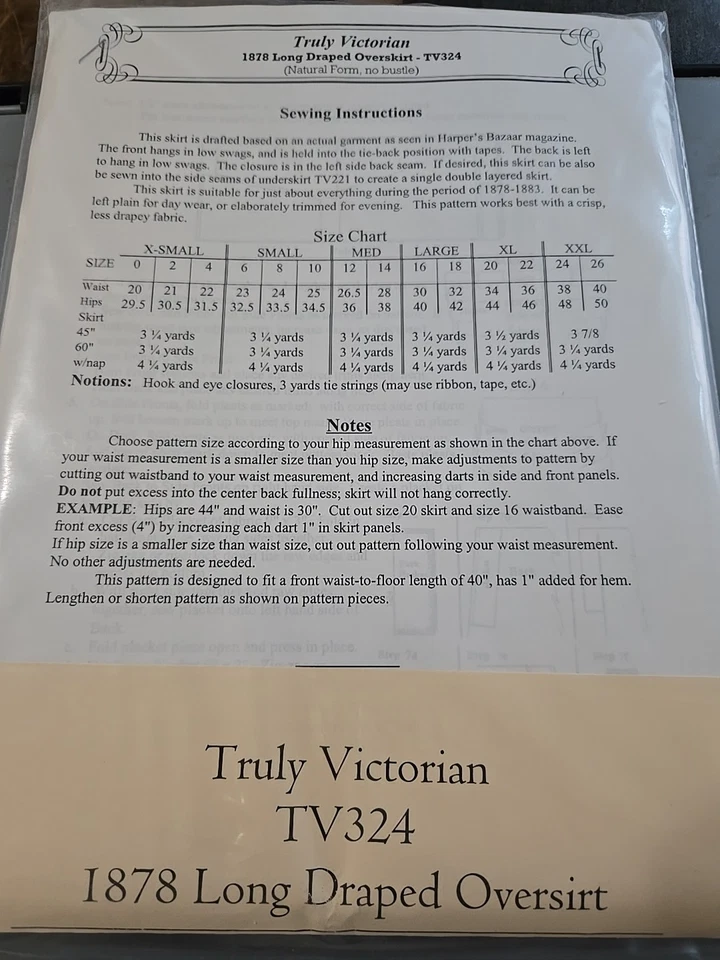 Vtg NEW Truly Victorian Pattern TV324—1878 Long Draped Overskirt Sz XS To XXL - Image 4 of 4