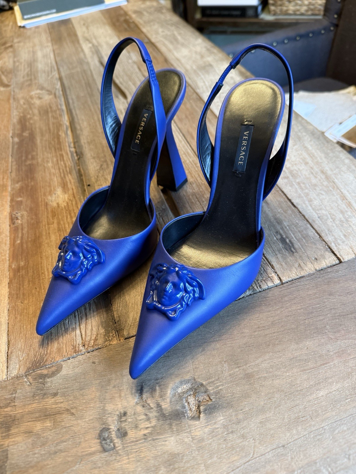 Versace Royal Blue Medusa Slingback Heels Women’s