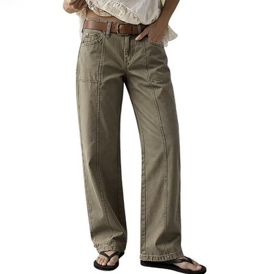 Flamingals Solid Stitch Detail Mid Waist Straight Leg Pants - Taupe XS New NWT