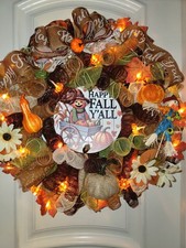 Fall Wreath HAPPY FALL Y'ALL PUMPKIN LIGHTS SCARECROWS Pumpkins, Leaves, Ghords