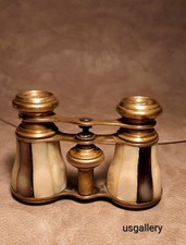 Antique Cream White With 2 Dark Stripes Mother of Pearl Opera Glasses Binoculars