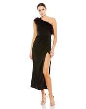 Mac Duggal 68147 Feather Trim One Shoulder Draped Dress Size 4 NWT Black