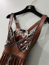 SKY SEXY PLUNGE NECK BROWN LEATHER GLADIATOR GORGEOUS CLUB PARTY SILK DRESS