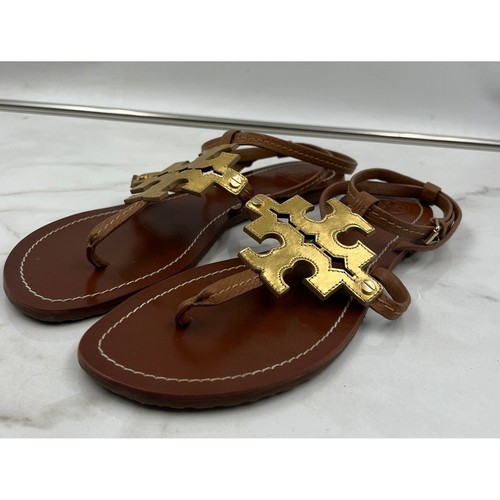 Tory Burch Chandler Ankle Strap Sandals Tan Leather Gold Logo Thong Flat Womens