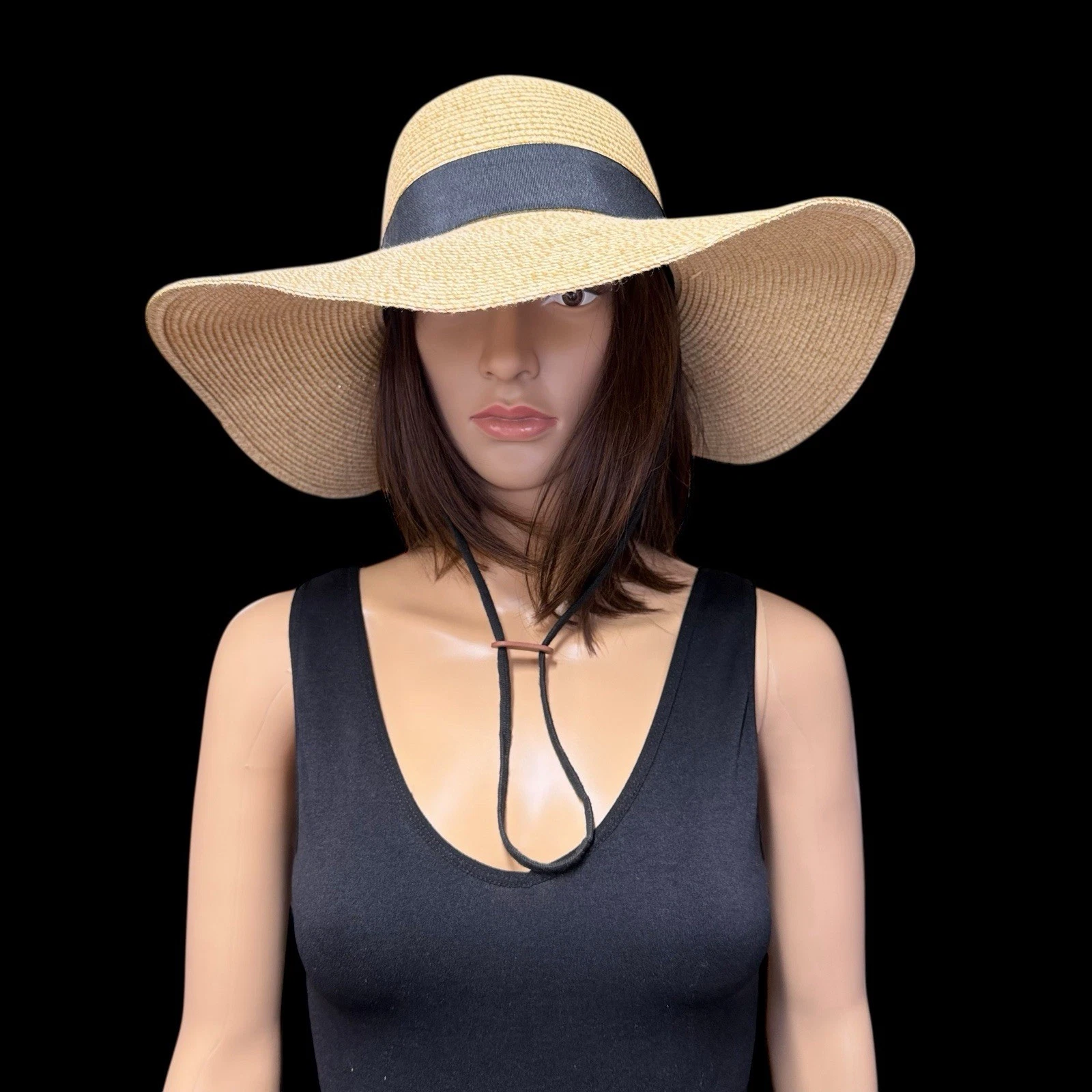 Furtalk Womens Wide Brim Straw Sun Hat M/L Black Ribbon Adjustable Chin Strap