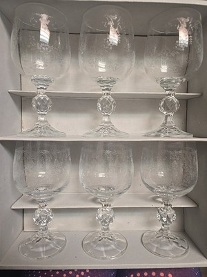 Set of 6 Bohemia Cascade Fine Lead Crystal Engraved Wine Glass Goblets  190ml