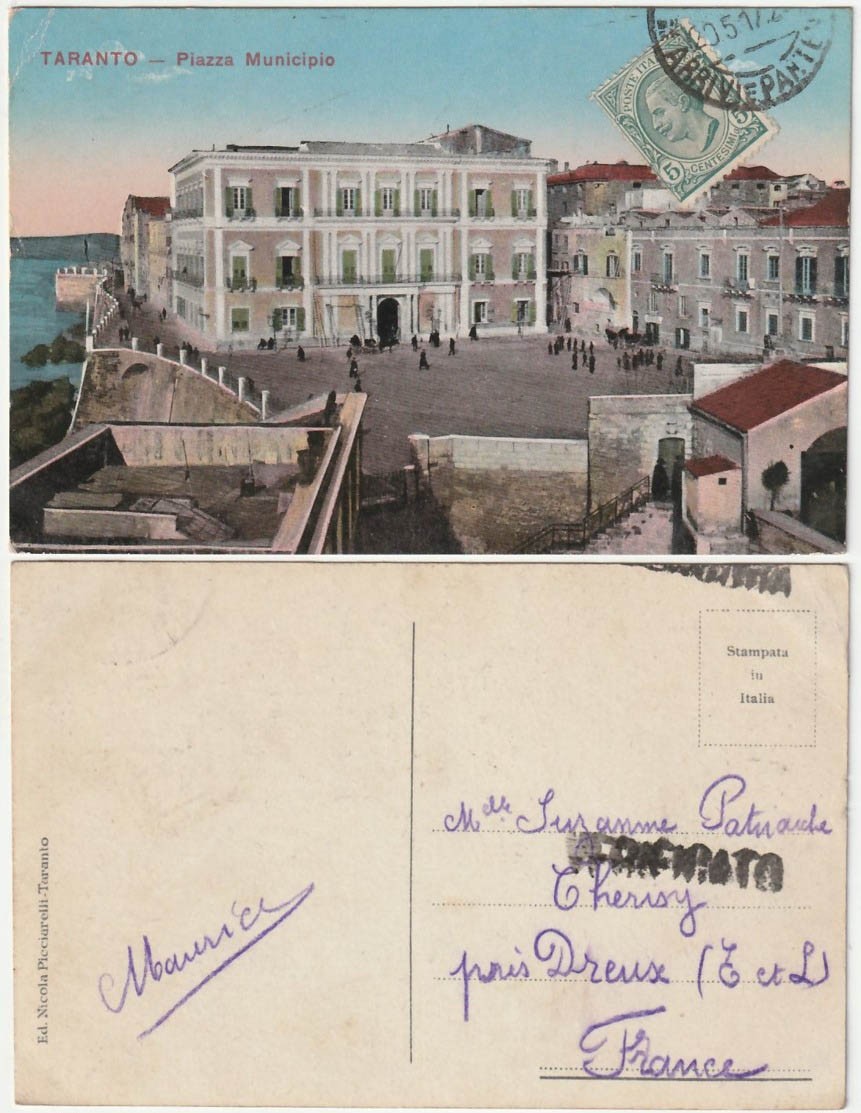 TARANTO - PIAZZA MUNICIPIO - VERIFICATO PER CENSURA - VIAGG. 1917 -45603-