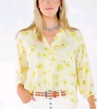 CABI Go-To Blouse Yellow Pink Floral V-Neck S 6294 Long Sleeve