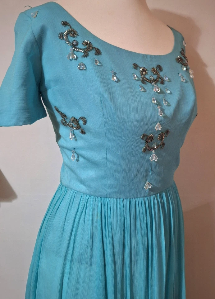 Vtg 60s Turquoise Beaded  Crepe De Chine Long Dress Ricci Michael Mayfair Small - Image 3 of 4