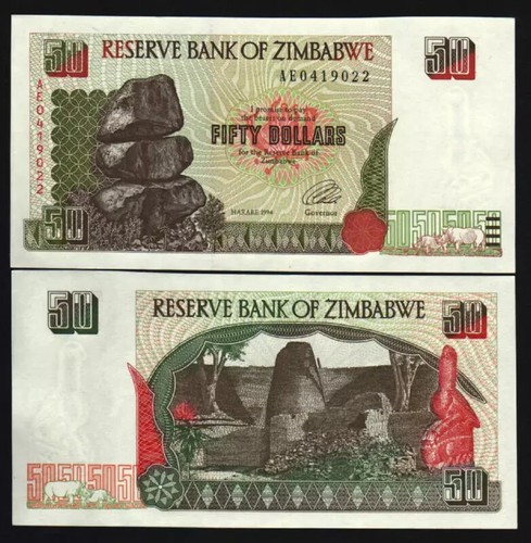ZIMBABWE 50 DOLLARS P-8 1994 *AE REPLACEMENT RHINO CEROS UNC CURRENCY MONEY NOTE - Picture 4 of 6