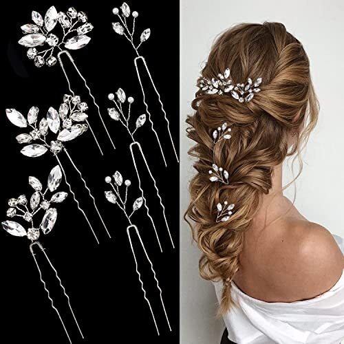 6 Pieces Bride Hair Pins Rhinestones Hair Accessories for Women Crystal Silver - Picture 1 of 6