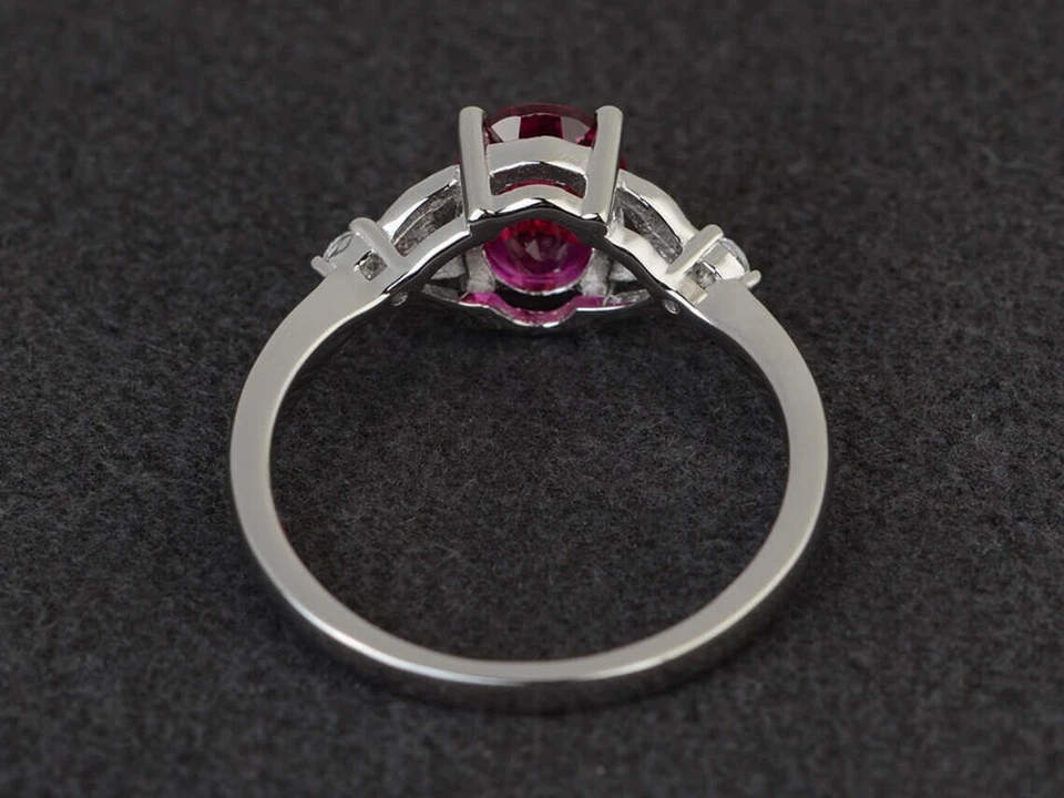 Pink Ruby Women Ring Oval Lab Created Gemstone 925 Sterling Silver Dainty Ring - Image 3 of 4