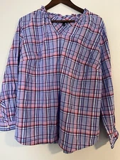 Talbots Top Women’s 1X Purple Pink Plaid V Neck Ruffle Pullover Cotton