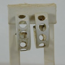 White Metal Enamel C-Hoop Earrings Cutout Holes Posts 1" Diameter Costume FLAW