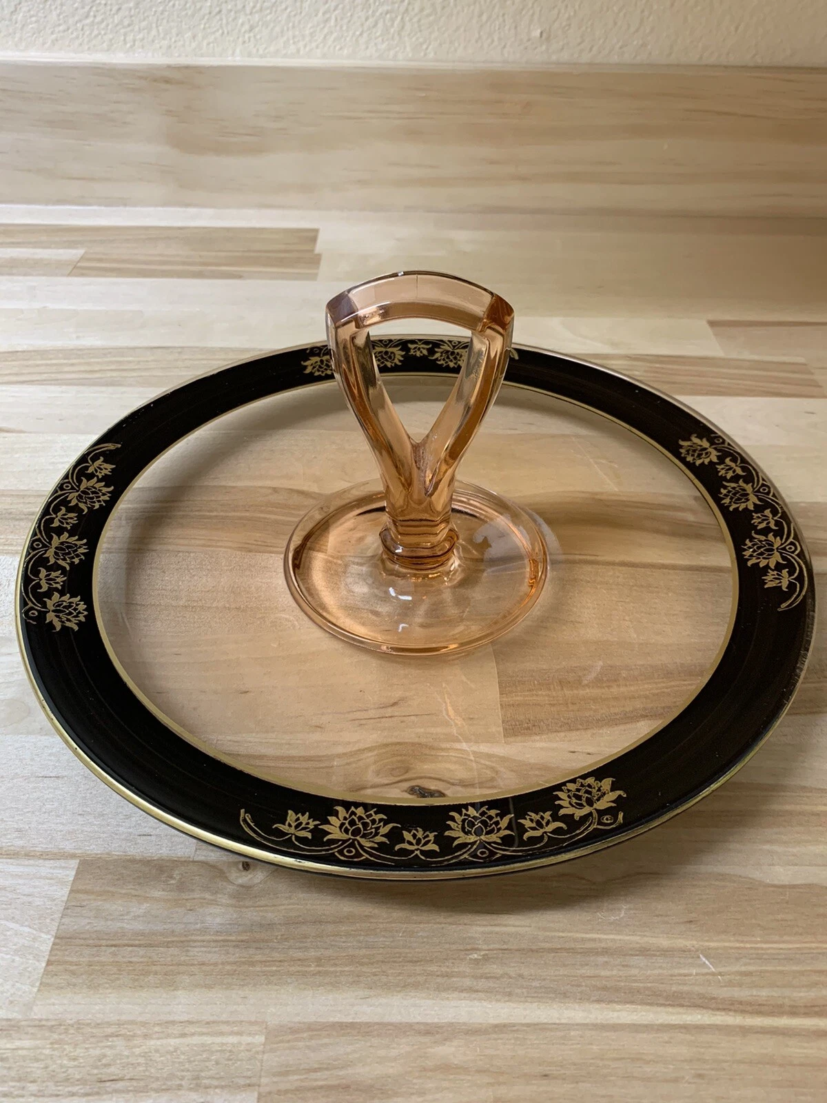 Pink Depression Handled Sandwich Snack Desert Plate Black Gold Rim