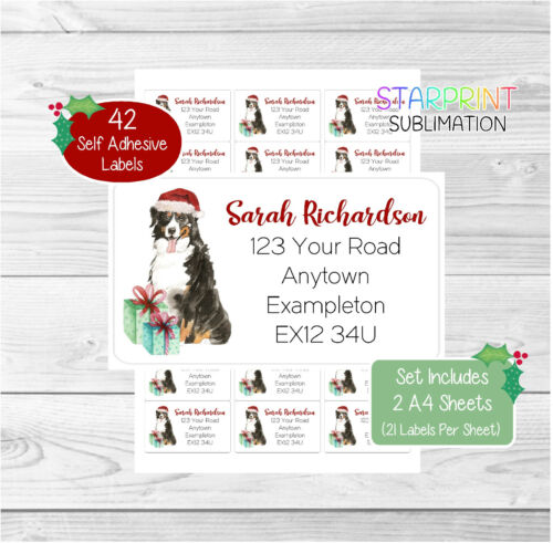 Bernese Mountain Dog 42 Personalised Christmas Return Address Labels/Stickers - Afbeelding 1 van 1