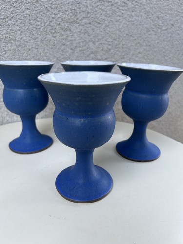 Vtg Pedestal Goblets Pottery Wine Cups Blue White Set 4 5 1/4” - Picture 3 of 9