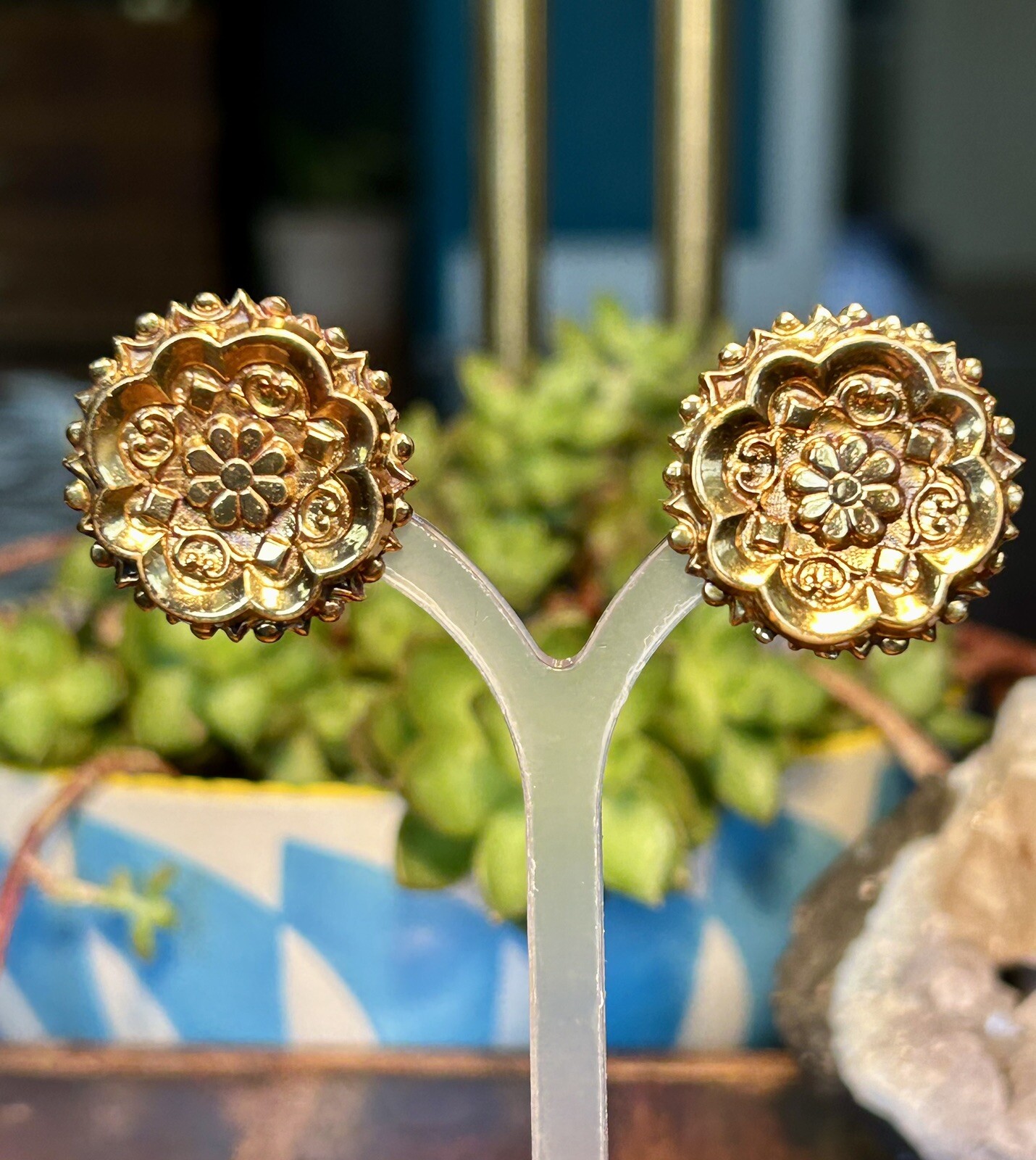 Vintage Solid Brass Stud Earrings Clip On Retro F… - image 1