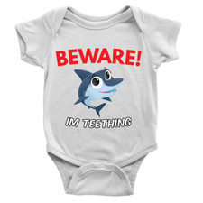 Beware Im Teething Babygrow Funny Teeth Shark Animal Cute Present Gift