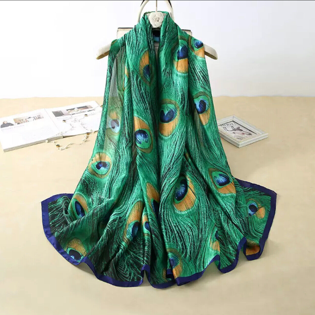 Peacock print silk scarf