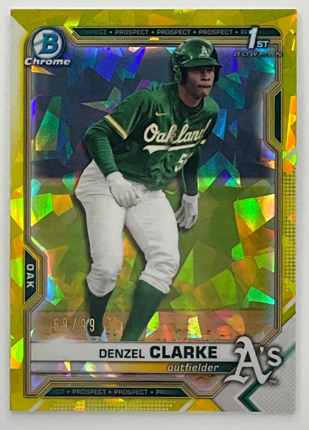 2021 Bowman Draft Sapphire Denzel Clarke Chrome Yellow /99 Athletics