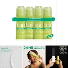 3.5oz Roll-On Deodorant 4-Pack Unscented Antiperspirant 24-Hour Underarm
