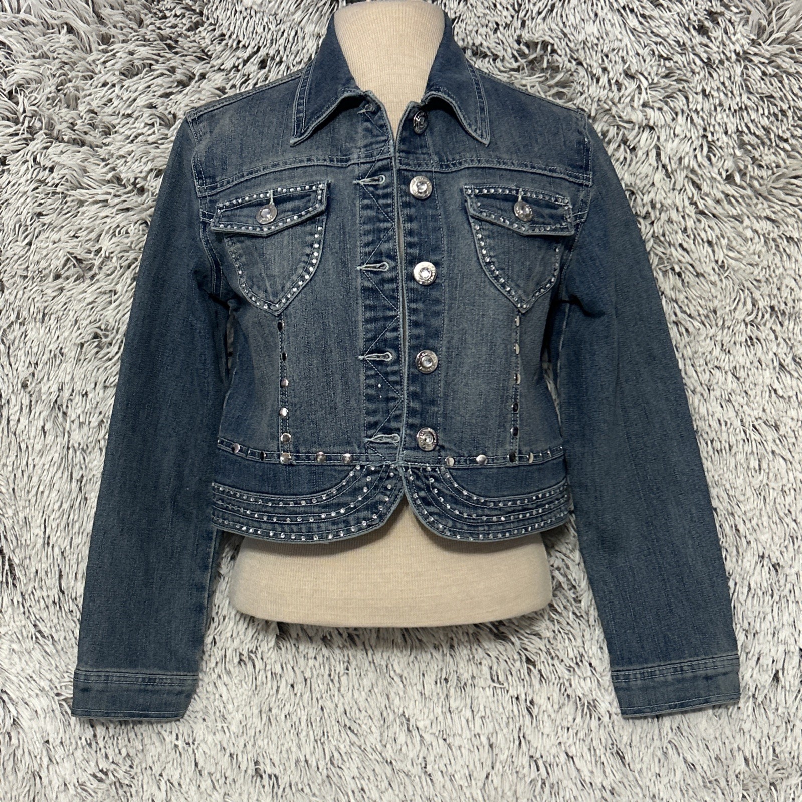 Denim Jacket Rhinestone Silver Western Metal Glam Bling Festival Short Medium-image