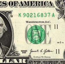 8 digit looping broken ladder 6-3 Fancy Serial Number One Dollar bill K90216837A
