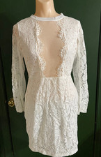Songyang - White Lace Bodycon Dress with Sexy Lattice Bodice Inset - Size S