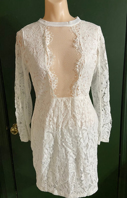Songyang - White Lace Bodycon Dress with Sexy Lattice Bodice Inset - Size S