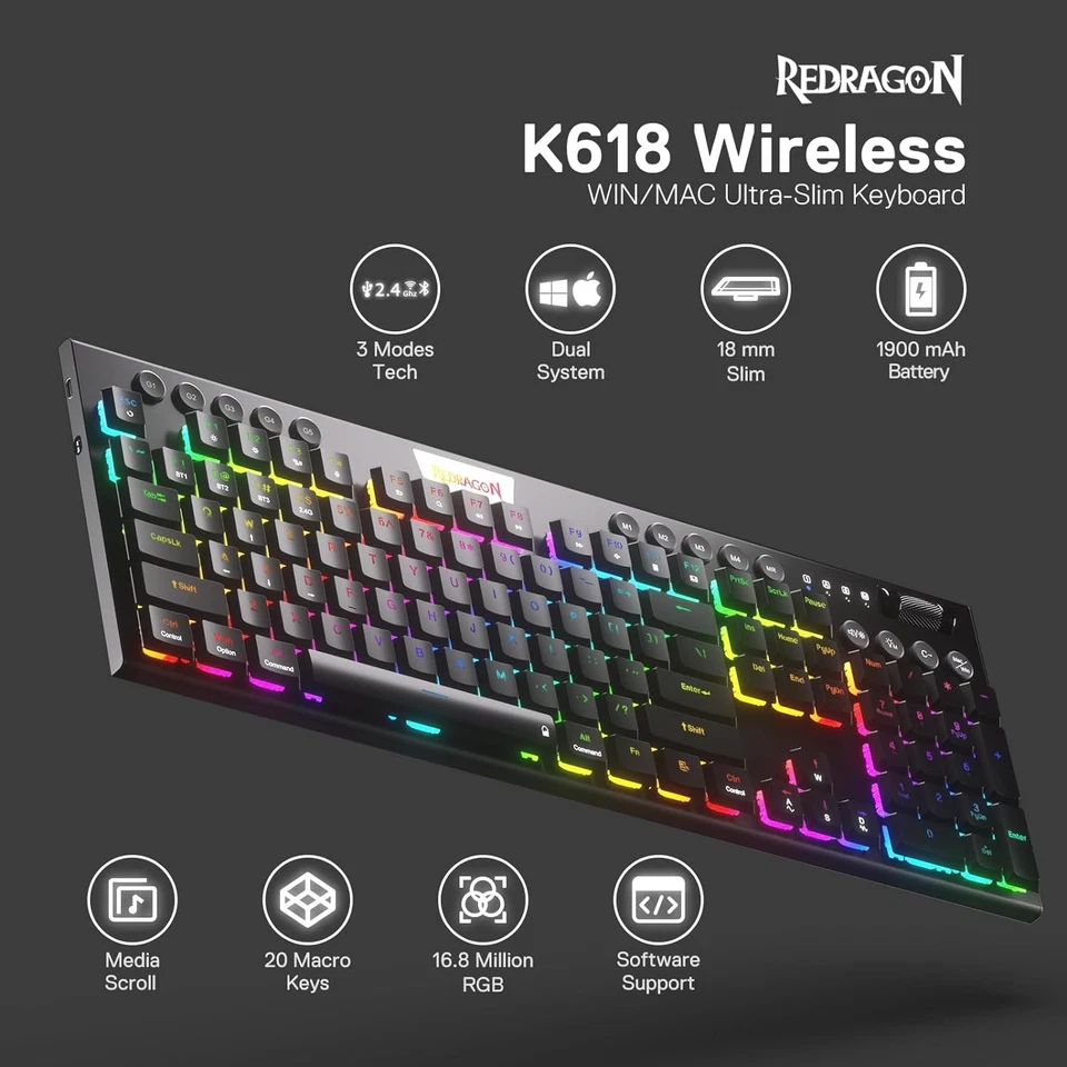 Redragon K618 Horus Wireless RGB Mechanical Tri-Mode Keyboard, Red Switch - Image 2 of 4
