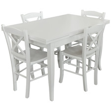 TAVOLO ALLUNGABILE DUETTO BIANCO OPACO GAMBE SPADA CON 4 SEDIE ICS FONDO LEGNO