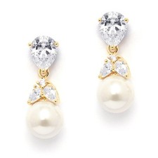 Mariell Pearl Drop Bridal Earrings with Cubic Zirconia Crystals and Ivory Pea...