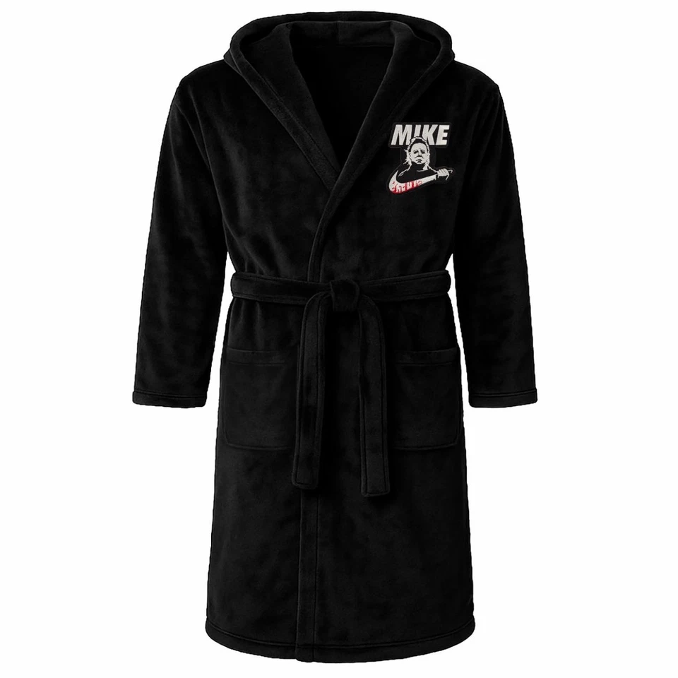 Bademantel mit Kapuze Herren schwarz Horror Halloween Logo Mike Metal black