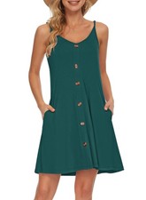 Women's Summer Spaghetti Strap Button Down V Neck (M Dark Green)