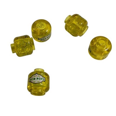 5 NEUE LEGO Minifigure,Head no Face,'ACID POPS' on Label,Vented Stud Trans-Gelb