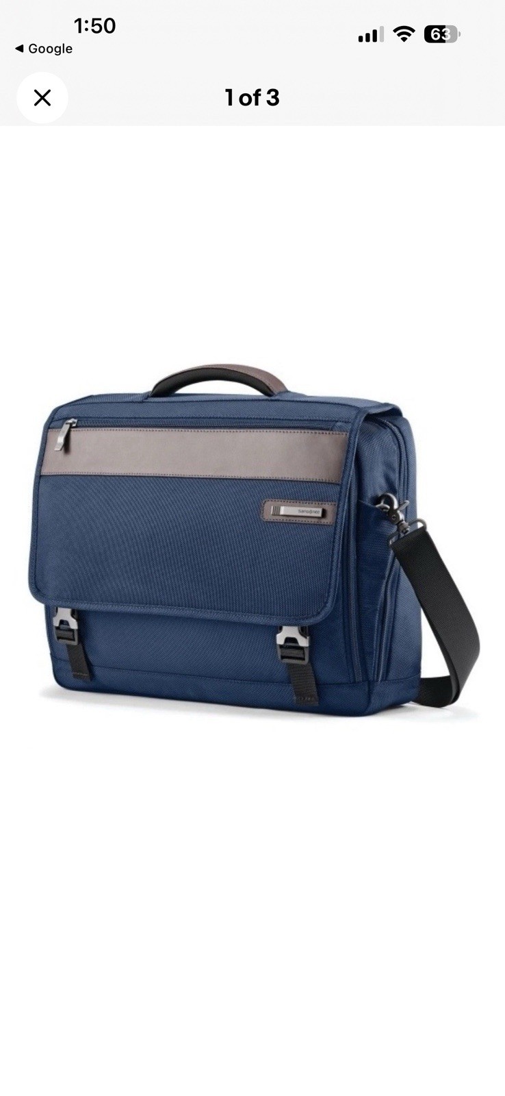 Estuche para mensajero/portátil Sansonite Kombi con solapa azul marino de nailon y cuero. Nuevo