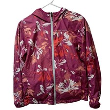 Columbia Girls Purple Floral Hooded Windbreaker Jacket Full Zip Size L 14/16