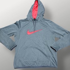 Nike Dri-Fit Heather Gray Hoodie L Pink Swoosh, Thumb Holes Comfortable