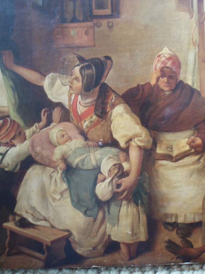 Ölgemälde Familie in einer Bauernstube Öl auf Holz wohl um 1880/90 - Bild 3 von 4