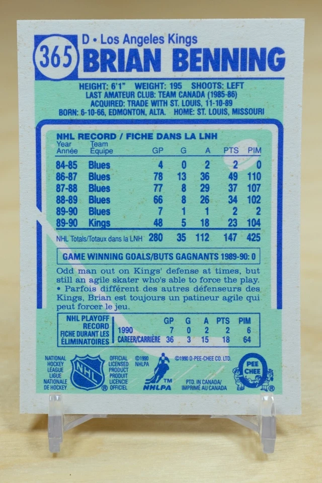 1990-91 O-Pee-Chee OPC Base #365 Brian Benning - Los Angeles Kings - Image 2 of 2