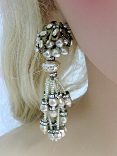 Miriam Haskell earrings Signed Baroque Pearls Chandelier 3 1/4"L rare Antique - Picture 5 of 14